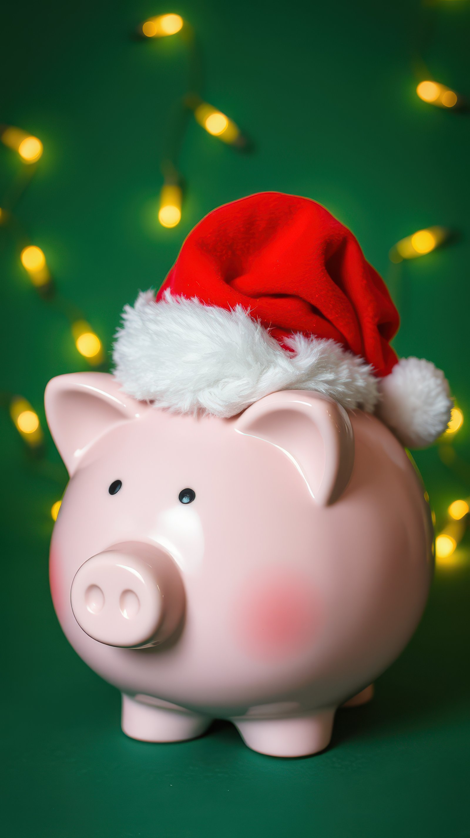Cute pink piggy bank wearing a Santa hat with festive lights in the background during the holiday season